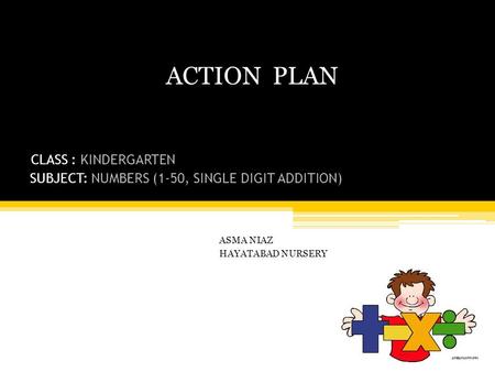 ACTION PLAN CLASS : KINDERGARTEN SUBJECT: NUMBERS (1-50, SINGLE DIGIT ADDITION) ASMA NIAZ HAYATABAD NURSERY.