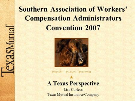 Southern Association of Workers’ Compensation Administrators Convention 2007 A Texas Perspective Lisa Corless Texas Mutual Insurance Company.