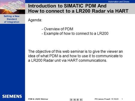 Agenda: - Overview of PDM - Example of how to connect to a LR200