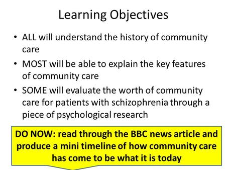 Learning Objectives ALL will understand the history of community care MOST will be able to explain the key features of community care SOME will evaluate.