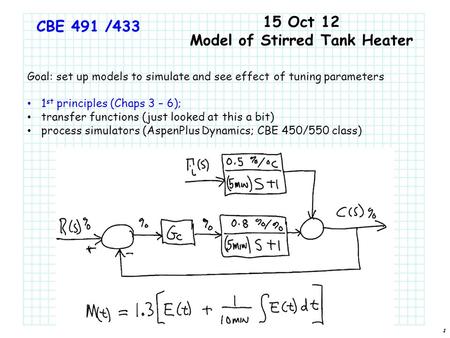 1 CBE 491 /433 15 Oct 12 Model of Stirred Tank Heater Goal: set up models to simulate and see effect of tuning parameters 1 st principles (Chaps 3 – 6);