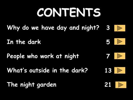 CONTENTS Why do we have day and night? 3 In the dark 5