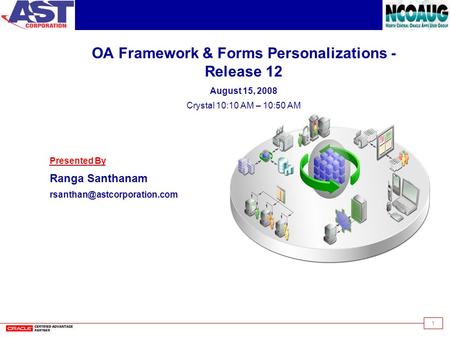 1 OA Framework & Forms Personalizations - Release 12 August 15, 2008 Crystal 10:10 AM – 10:50 AM Presented By Ranga Santhanam