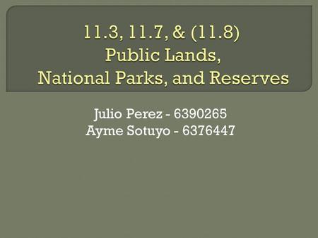 Julio Perez - 6390265 Ayme Sotuyo - 6376447.  Public Lands are nature lands owned by the government set aside for public recreation  Public Lands controversy.