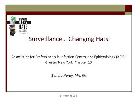 Surveillance… Changing Hats Association for Professionals in Infection Control and Epidemiology (APIC) Greater New York Chapter 13 Sandra Hardy, MA, RN.