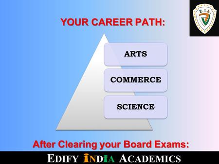 After Clearing your Board Exams: After Clearing your Board Exams: ARTSCOMMERCESCIENCE YOUR CAREER PATH: YOUR CAREER PATH: E DIFY i ND i A A CADEMICS.