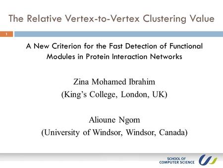 The Relative Vertex-to-Vertex Clustering Value 1 A New Criterion for the Fast Detection of Functional Modules in Protein Interaction Networks Zina Mohamed.