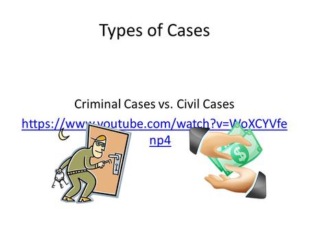 Types of Cases Criminal Cases vs. Civil Cases https://www.youtube.com/watch?v=WoXCYVfe np4.