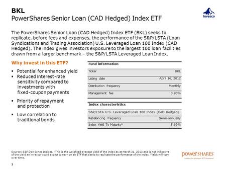 BKL PowerShares Senior Loan (CAD Hedged) Index ETF The PowerShares Senior Loan (CAD Hedged) Index ETF (BKL) seeks to replicate, before fees and expenses,
