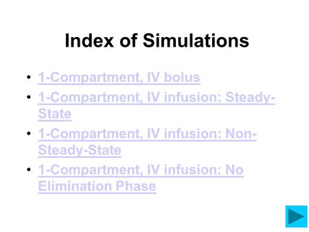 Index of Simulations 1-Compartment, IV bolus 1-Compartment, IV infusion: Steady- State1-Compartment, IV infusion: Steady- State 1-Compartment, IV infusion: