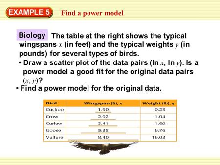 EXAMPLE 5 Find a power model Find a power model for the original data. The table at the right shows the typical wingspans x (in feet) and the typical weights.