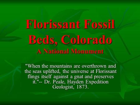 Florissant Fossil Beds, Colorado A National Monument When the mountains are overthrown and the seas uplifted, the universe at Florissant flings itself.