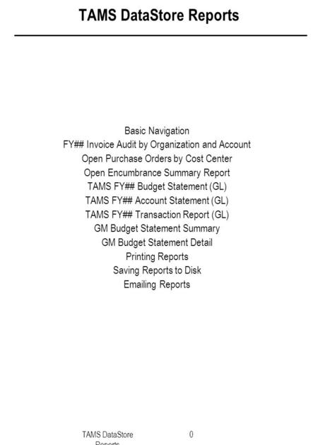 TAMS DataStore Reports 0 Basic Navigation FY## Invoice Audit by Organization and Account Open Purchase Orders by Cost Center Open Encumbrance Summary Report.