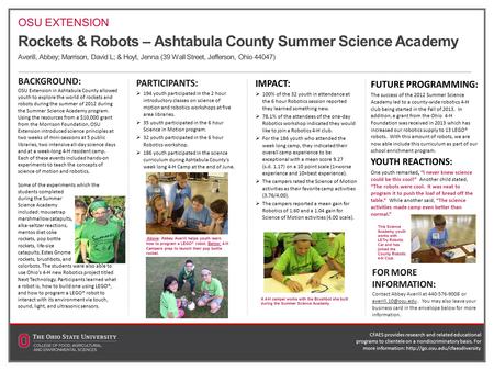 Rockets & Robots – Ashtabula County Summer Science Academy Averill, Abbey; Marrison, David L; & Hoyt, Jenna (39 Wall Street, Jefferson, Ohio 44047) BACKGROUND: