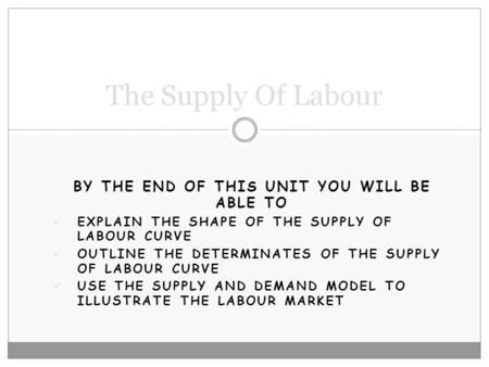 BY THE END OF THIS UNIT YOU WILL BE ABLE TO EXPLAIN THE SHAPE OF THE SUPPLY OF LABOUR CURVE OUTLINE THE DETERMINATES OF THE SUPPLY OF LABOUR CURVE USE.