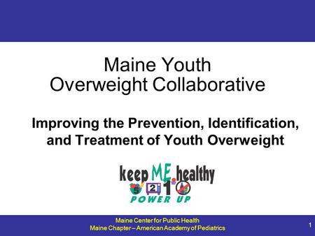 Maine Center for Public Health Maine Chapter – American Academy of Pediatrics 1 Maine Youth Overweight Collaborative Improving the Prevention, Identification,