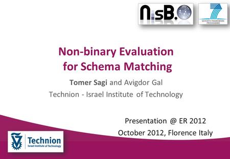 Tomer Sagi and Avigdor Gal Technion - Israel Institute of Technology Non-binary Evaluation for Schema Matching ER 2012 October 2012, Florence.