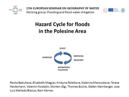 17th EUROPEAN SEMINAR ON GEOGRAPHY OF WATER Working group: Flooding and flood water mitigation EVENT RESPONSE RECOVERY MITIGATION/ PLANNING WARNING Hazard.