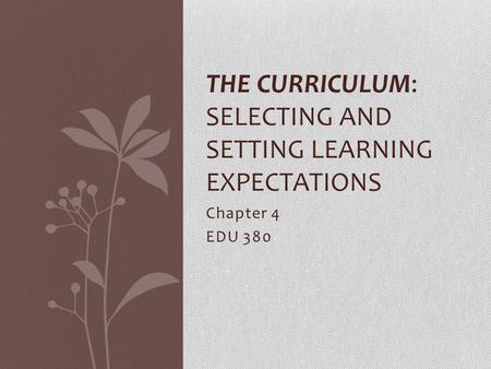 Chapter 4 EDU 380 THE CURRICULUM: SELECTING AND SETTING LEARNING EXPECTATIONS.