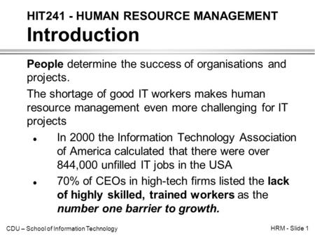 HIT241 - HUMAN RESOURCE MANAGEMENT Introduction