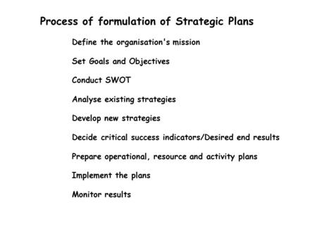 Process of formulation of Strategic Plans Define the organisation's mission Set Goals and Objectives Conduct SWOT Analyse existing strategies Develop new.