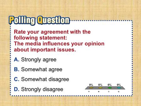 A.A B.B C.C D.D Section 4-Polling QuestionSection 4-Polling Question Rate your agreement with the following statement: The media influences your opinion.