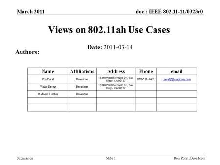 Doc.: IEEE 802.11-11/0323r0 SubmissionRon Porat, BroadcomSlide 1 Views on 802.11ah Use Cases Date: 2011-03-14 Authors: March 2011.