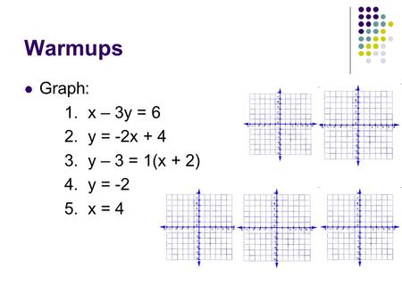 Warmups Graph: 1. x – 3y = 6 2. y = -2x + 4 3. y – 3 = 1(x + 2) 4. y = -2 5. x = 4.