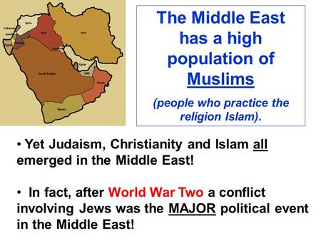 The Middle East has a high population of Muslims (people who practice the religion Islam). Yet Judaism, Christianity and Islam all emerged in the Middle.
