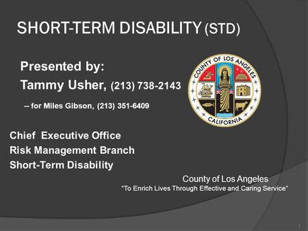 SHORT-TERM DISABILITY (STD) Presented by: Tammy Usher, (213) 738-2143 -- for Miles Gibson, (213) 351-6409 Chief Executive Office Risk Management Branch.