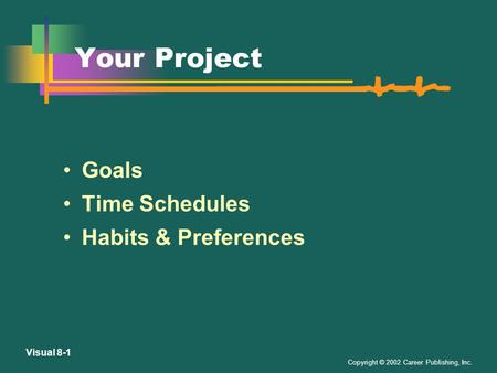 Copyright © 2002 Career Publishing, Inc. Visual 8-1 Your Project Goals Time Schedules Habits & Preferences.