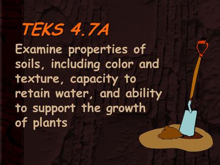 TEKS 4.7A Examine properties of soils, including color and texture, capacity to retain water, and ability to support the growth of plants.