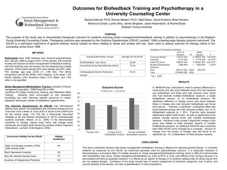 Outcomes for Biofeedback Training and Psychotherapy in a University Counseling Center Barbara Morrell, Ph.D, Dianne Nielsen, Ph.D., Matt Reiser, David.