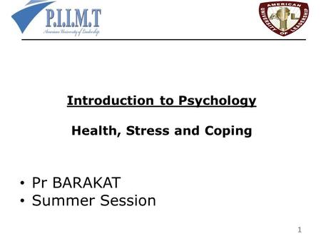 Introduction to Psychology Health, Stress and Coping