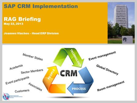 SAP CRM Implementation RAG Briefing May 22, 2013 Joannes Vlachos – Head ERP Division Member States Sector Members Associates Academia Event participants.