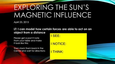EXPLORING THE SUN’S MAGNETIC INFLUENCE April 23, 2015 LT: I can model how certain forces are able to act on an object from a distance Please get a post.