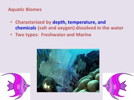 Aquatic Biomes Characterized by depth, temperature, and chemicals (salt and oxygen) dissolved in the water Two types: Freshwater and Marine.