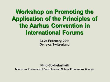 23-24 February, 2011 Geneva, Switzerland Nino Gokhelashvili Ministry of Environment Protection and Natural Resources of Georgia Workshop on Promoting the.