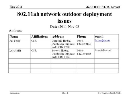 Submission doc.: IEEE 11-11/1455r0 Nov 2011 Fei Tong,Les Smith, CSRSlide 1 802.11ah network outdoor deployment issues Date: 2011-Nov-03 Authors:
