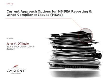 MARCH 2009 Current Approach Options for MMSEA Reporting & Other Compliance Issues (MSAs) PRESENTOR John V. D’Alusio EVP, Senior Claims Officer Avizent.