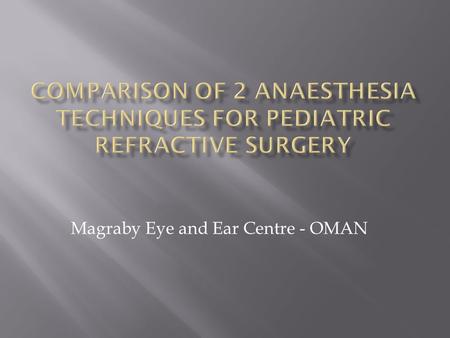 Magraby Eye and Ear Centre - OMAN.  Difficulties with children and LA  Reports of NO2 interference with Laser function  Aim – compare propfol/fentanyl.