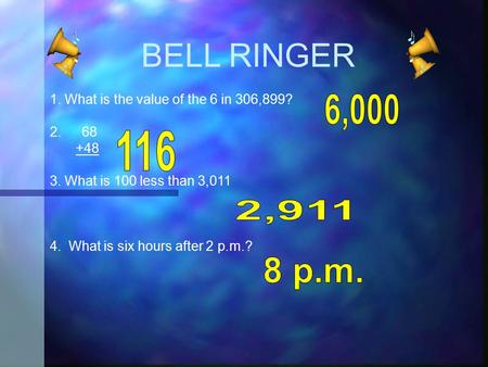 BELL RINGER 1. What is the value of the 6 in 306,899? 2. 68 +48 3. What is 100 less than 3,011 4. What is six hours after 2 p.m.?