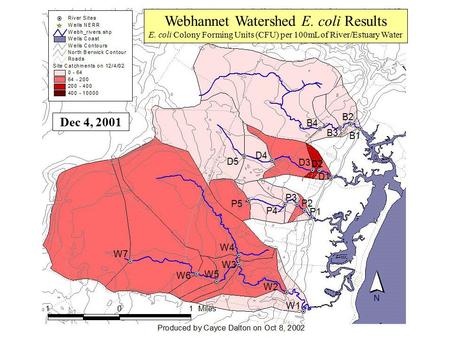 Webhannet Watershed E. coli Results E. coli Colony Forming Units (CFU) per 100mL of River/Estuary Water Dec 4, 2001.