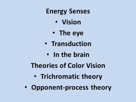 Energy Senses Vision The eye Transduction In the brain Theories of Color Vision Trichromatic theory Opponent-process theory.
