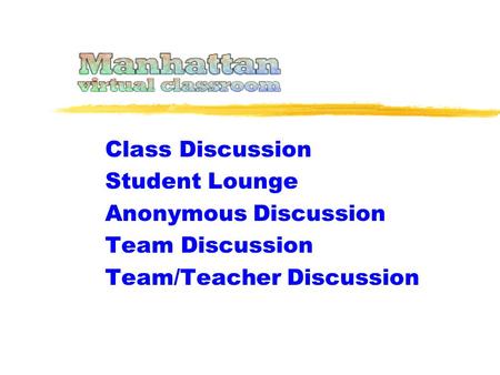 Class Discussion Student Lounge Anonymous Discussion Team Discussion Team/Teacher Discussion.