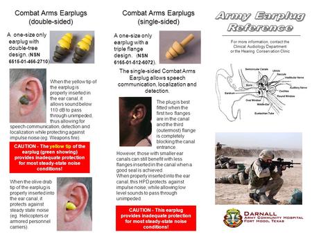 For more information, contact the Clinical Audiology Department or the Hearing Conservation Clinic Combat Arms Earplugs (double-sided) A one-size only.
