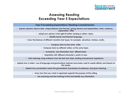 Assessing Reading Exceeding Year 5 Expectations Focus Education 20141 Year 5 Exceeding Expectations: Reading Comprehension Express opinions about a text,