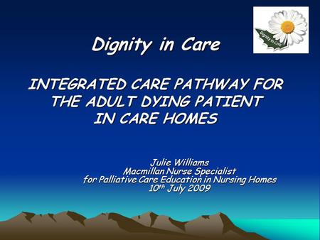 Dignity in Care INTEGRATED CARE PATHWAY FOR THE ADULT DYING PATIENT IN CARE HOMES Julie Williams Macmillan Nurse Specialist for Palliative Care Education.