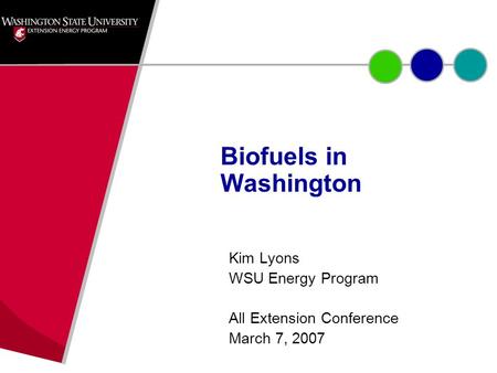 Kim Lyons WSU Energy Program All Extension Conference March 7, 2007 Biofuels in Washington.