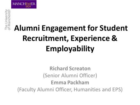 Alumni Engagement for Student Recruitment, Experience & Employability Richard Screaton (Senior Alumni Officer) Emma Packham (Faculty Alumni Officer, Humanities.